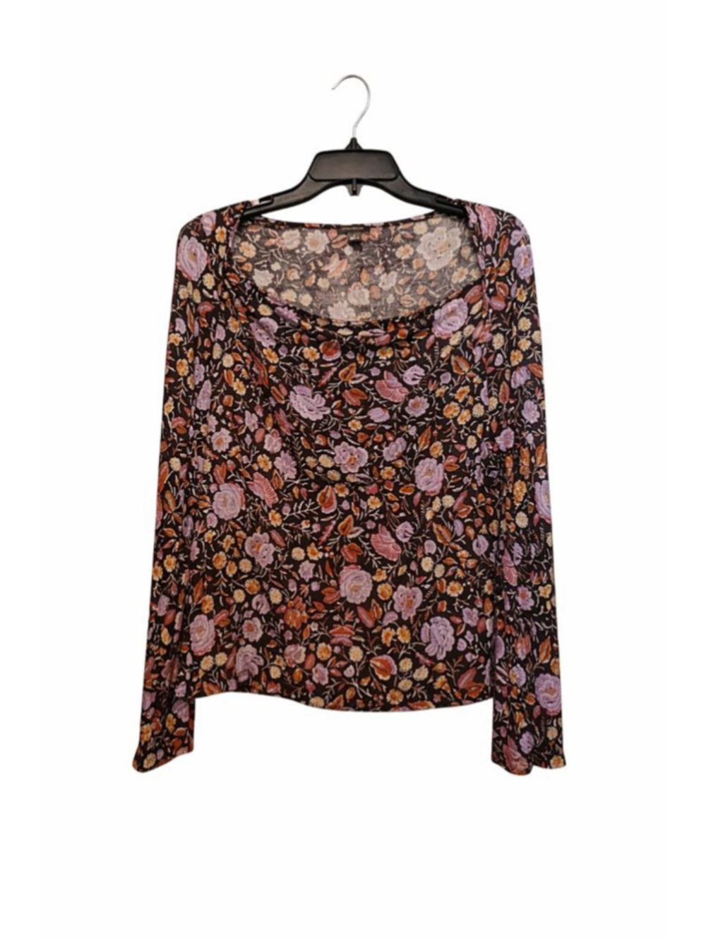 Ann Taylor Floral Long Sleeve Top Size Large Black Pink Boho Stretch Blouse